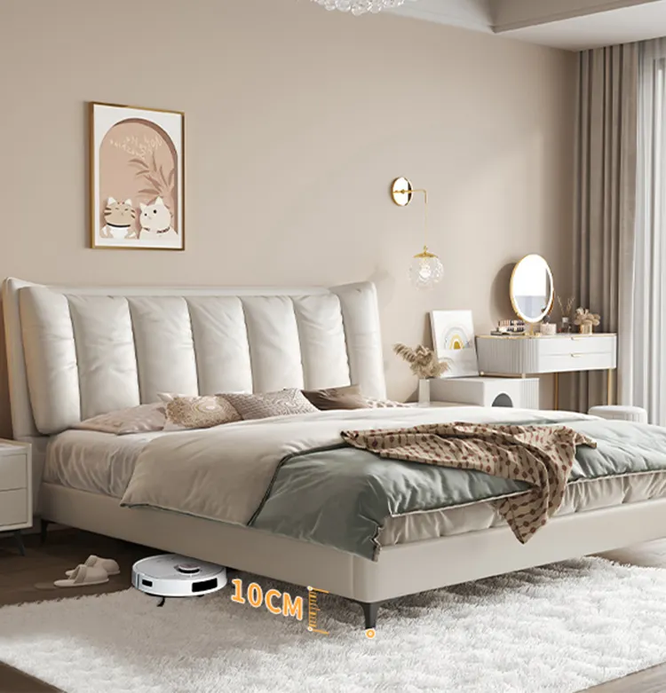 Italian minimalist leather art bed modern master bedroom king bed light luxury soft bag leather bed for bedroom furniture