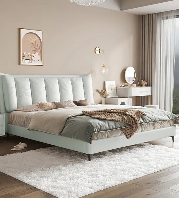 Italian minimalist leather art bed modern master bedroom king bed light luxury soft bag leather bed for bedroom furniture