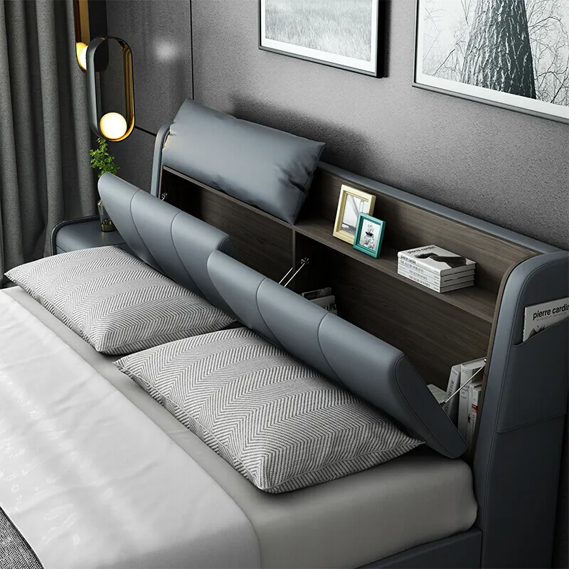 French leather bed light luxury modern minimalist master bedroom home furniture New King Size Double Marriage Bed