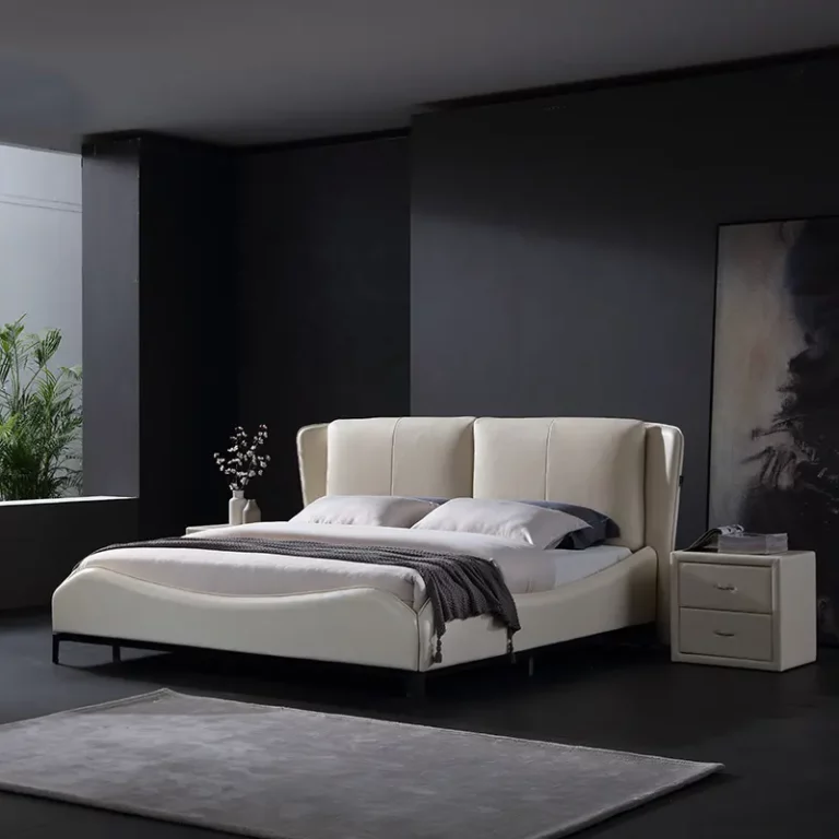 Italian minimalist leather bed Nordic light luxury double bed white leather bedroom furniture leather bed