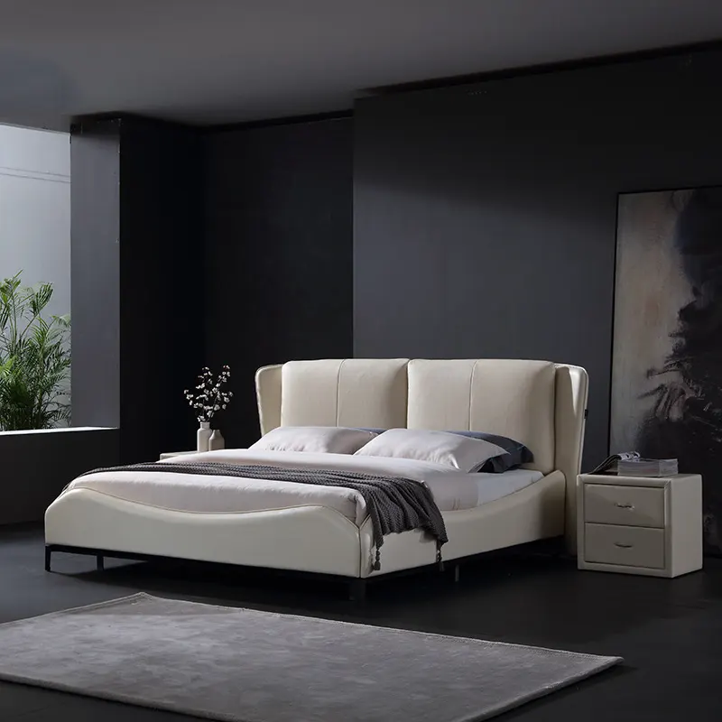 Italian minimalist leather bed Nordic light luxury double bed white leather bedroom furniture leather bed