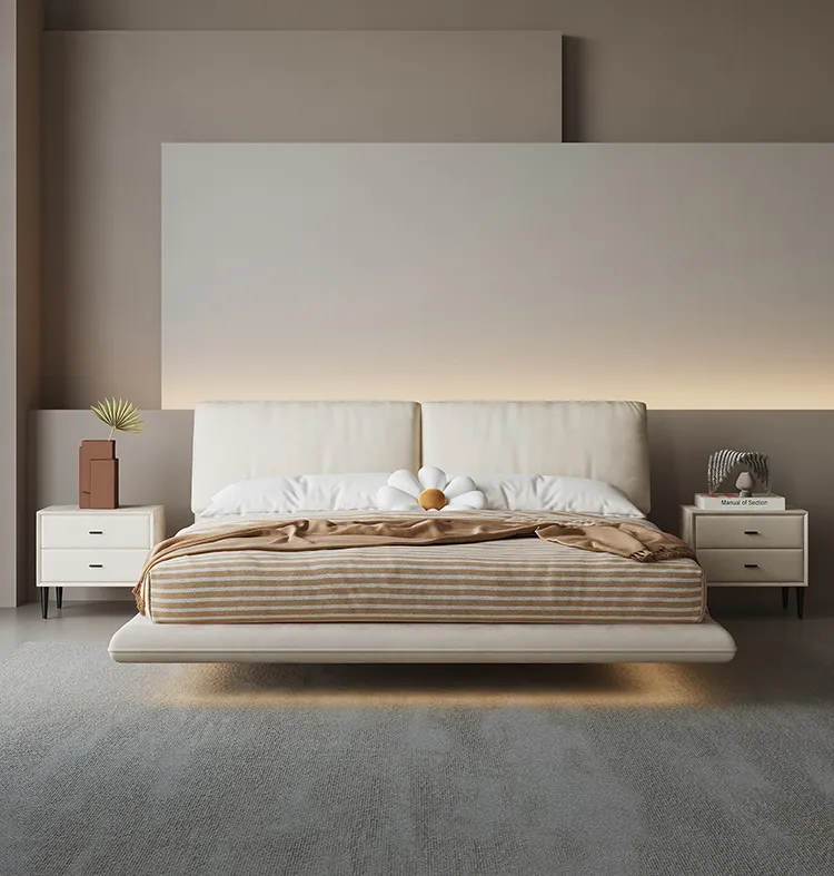 Italian minimalist suspended bed cream style light luxury solid wood bed master bedroom fabric double bed for bedroom furniture