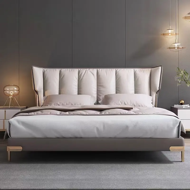 Italian minimalist first layer cowhide bed light luxury leather modern bed master bedroom solid wood bed for bedroom furniture