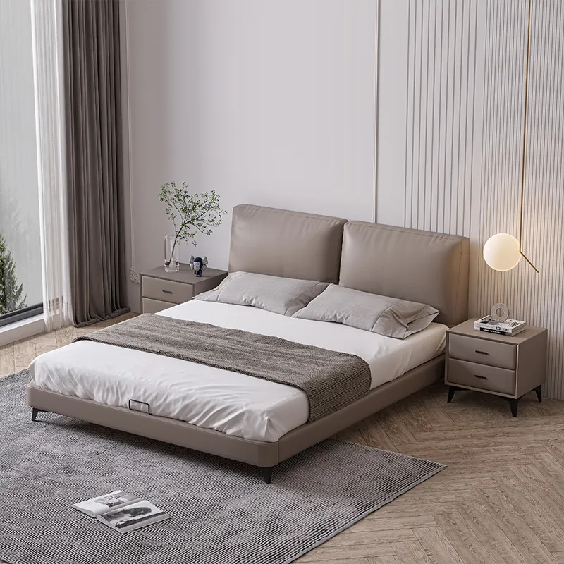 Italian minimalist leather bed light luxury modern master bedroom double storage soft bed for bedroom furniture