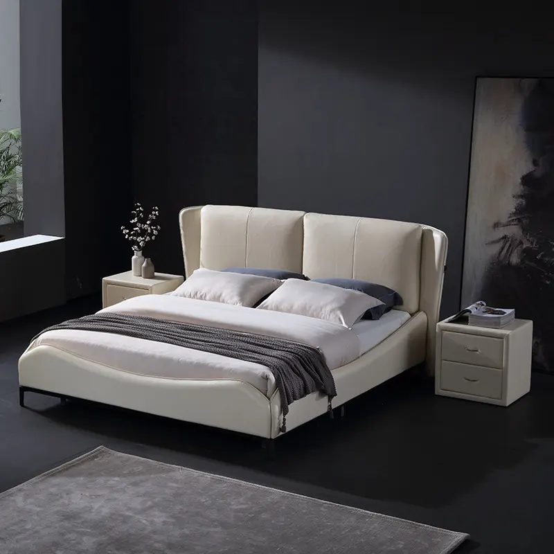 Italian minimalist leather bed Nordic light luxury double bed white leather bedroom furniture leather bed