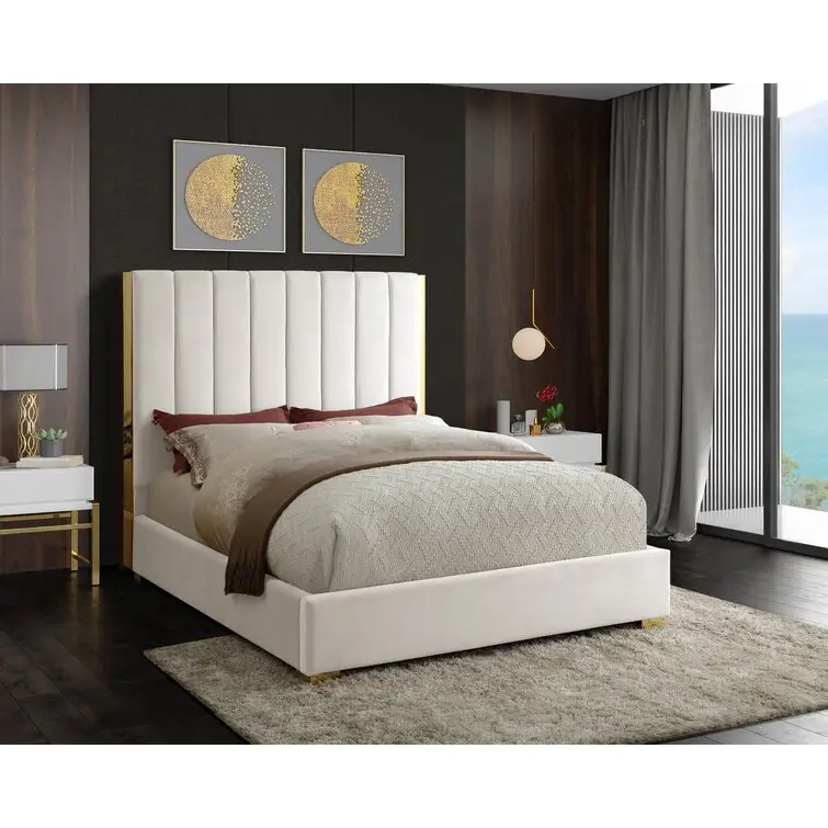 Luxury modern up-holstered tufted wood bed frame king size designer furniture