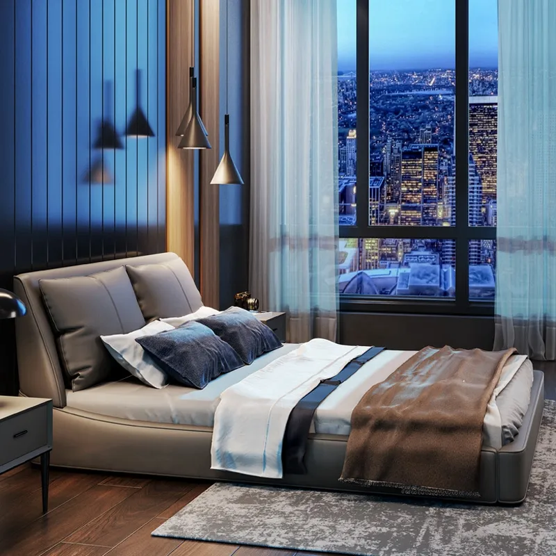 Italian minimalist leather bed master bedroom modern minimalist bed double soft package light luxury bed for bedroom furniture