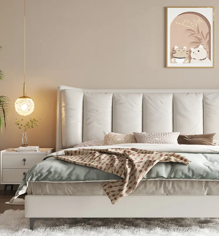 Italian minimalist leather art bed modern master bedroom king bed light luxury soft bag leather bed for bedroom furniture
