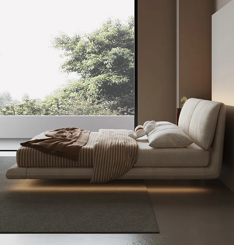 Italian minimalist suspended bed cream style light luxury solid wood bed master bedroom fabric double bed for bedroom furniture
