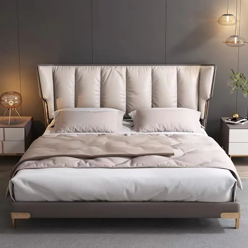 Italian minimalist first layer cowhide bed light luxury leather modern bed master bedroom solid wood bed for bedroom furniture