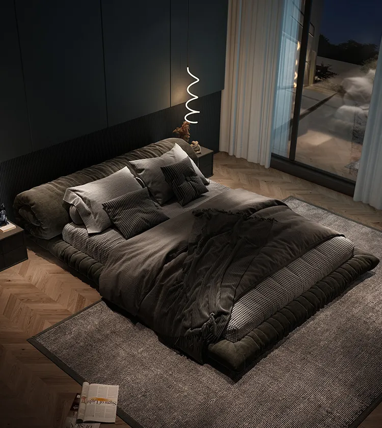 Nordic minimalist fabric bed light luxury designer king bed modern master bedroom double floor bed for bedroom furniture