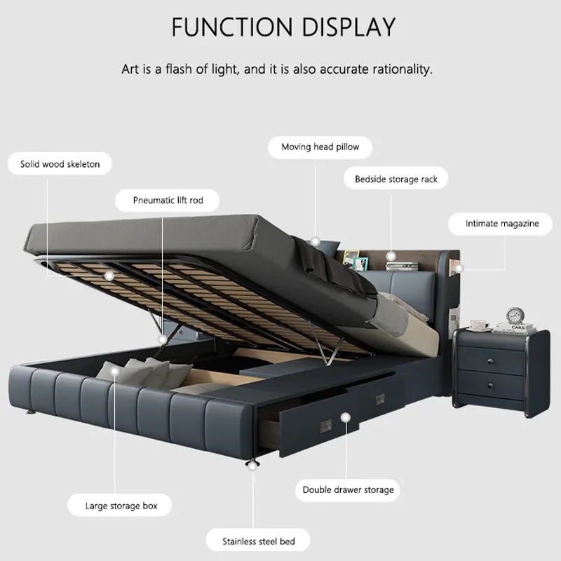 French leather bed light luxury modern minimalist master bedroom home furniture New King Size Double Marriage Bed