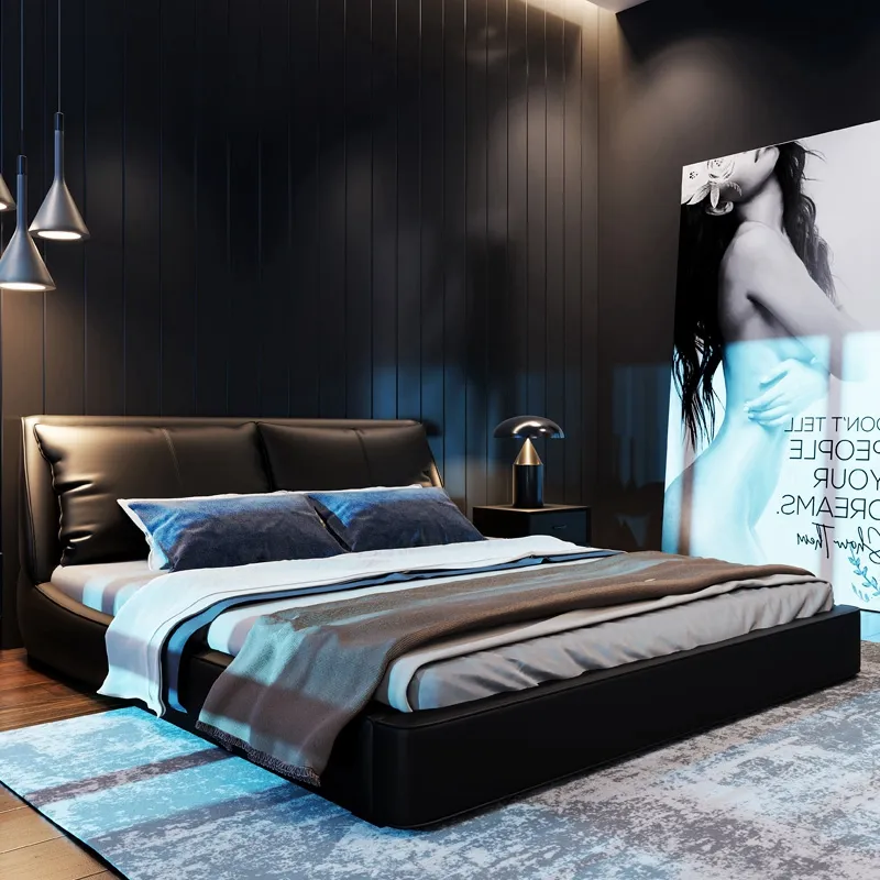 Italian minimalist leather bed master bedroom modern minimalist bed double soft package light luxury bed for bedroom furniture