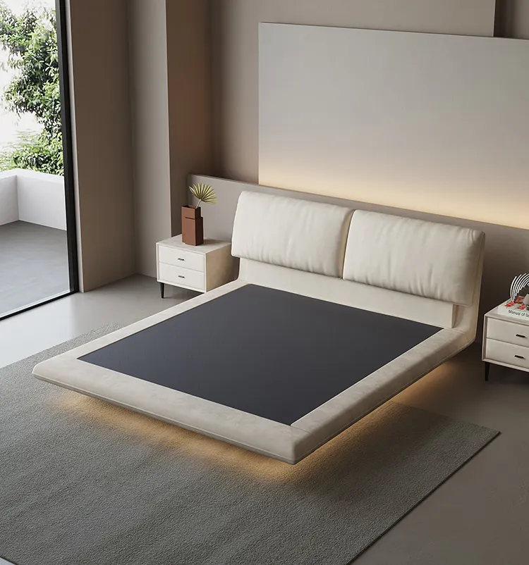 Italian minimalist suspended bed cream style light luxury solid wood bed master bedroom fabric double bed for bedroom furniture