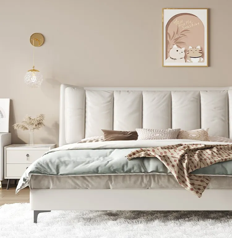 Italian minimalist leather art bed modern master bedroom king bed light luxury soft bag leather bed for bedroom furniture