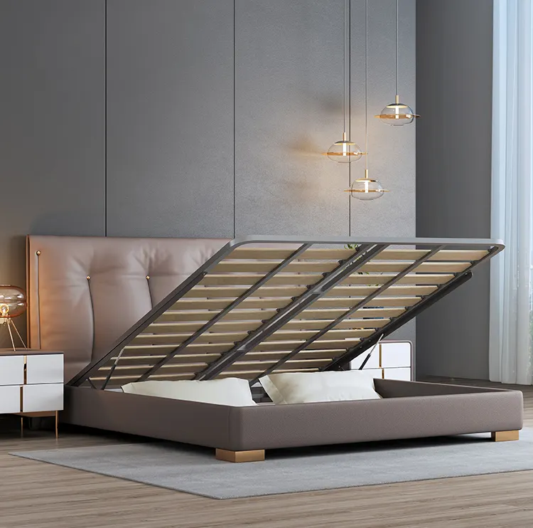 Nordic style leather bed modern small apartment storage bed minimalist style double bed for bedroom furniture