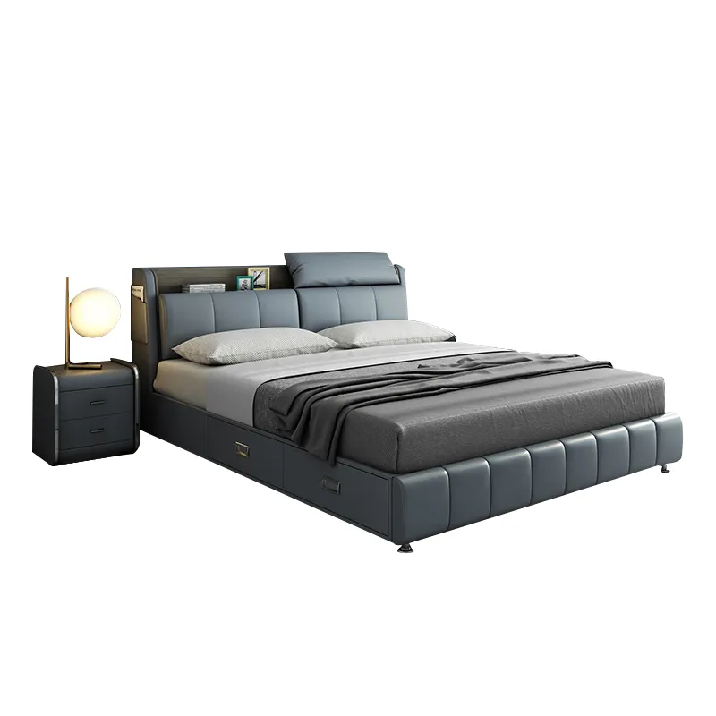 French leather bed light luxury modern minimalist master bedroom home furniture New King Size Double Marriage Bed