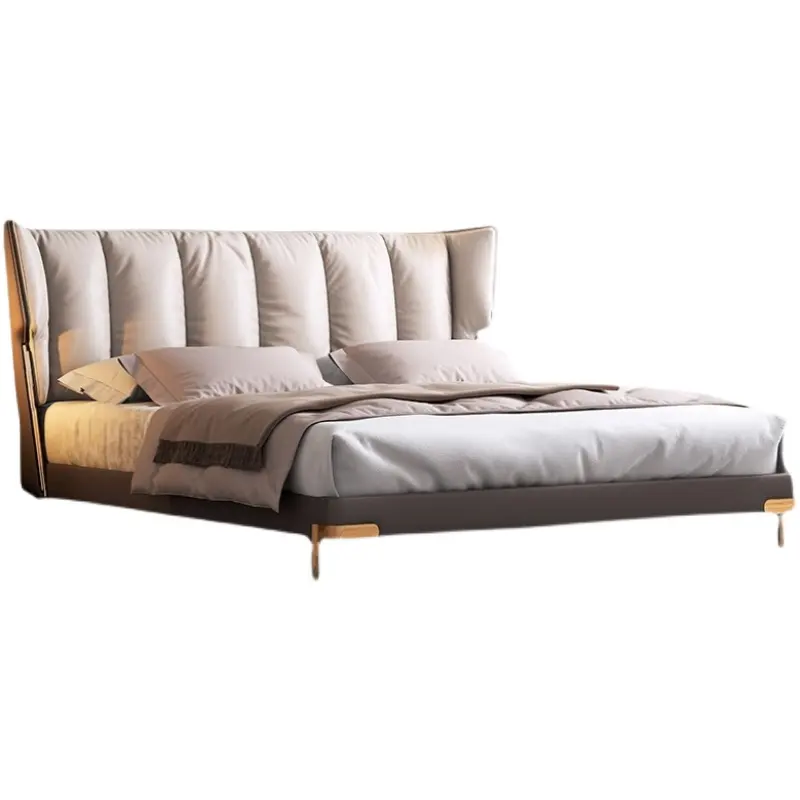 Italian minimalist first layer cowhide bed light luxury leather modern bed master bedroom solid wood bed for bedroom furniture