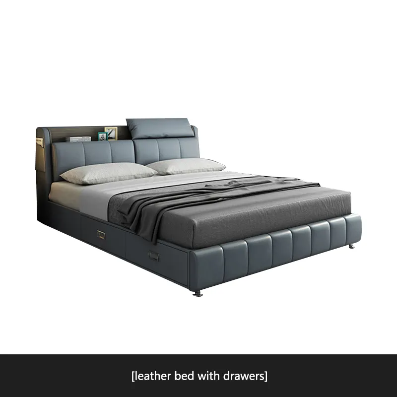 French leather bed light luxury modern minimalist master bedroom home furniture New King Size Double Marriage Bed