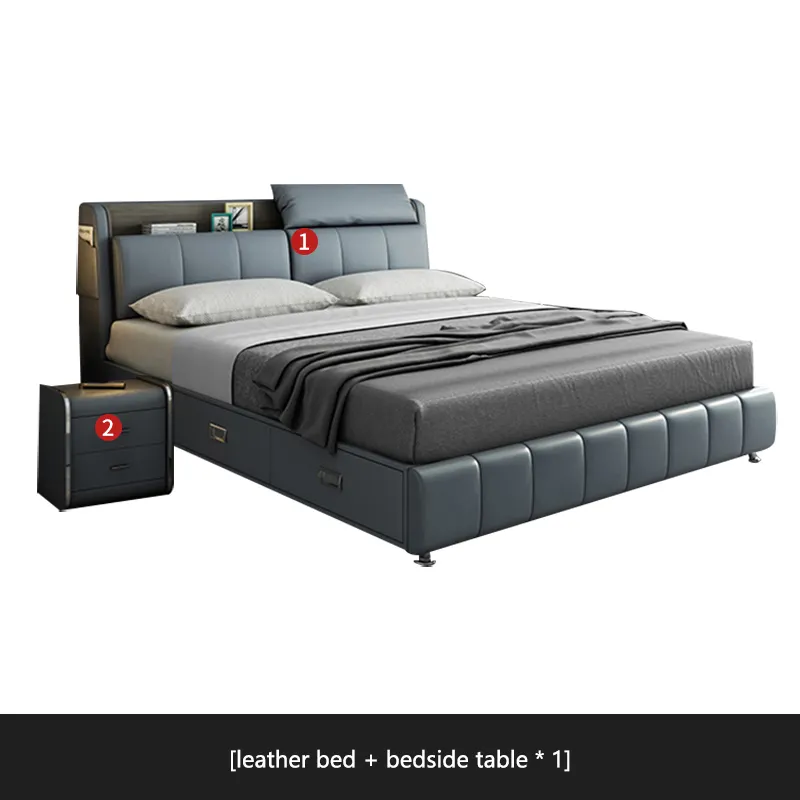 French leather bed light luxury modern minimalist master bedroom home furniture New King Size Double Marriage Bed